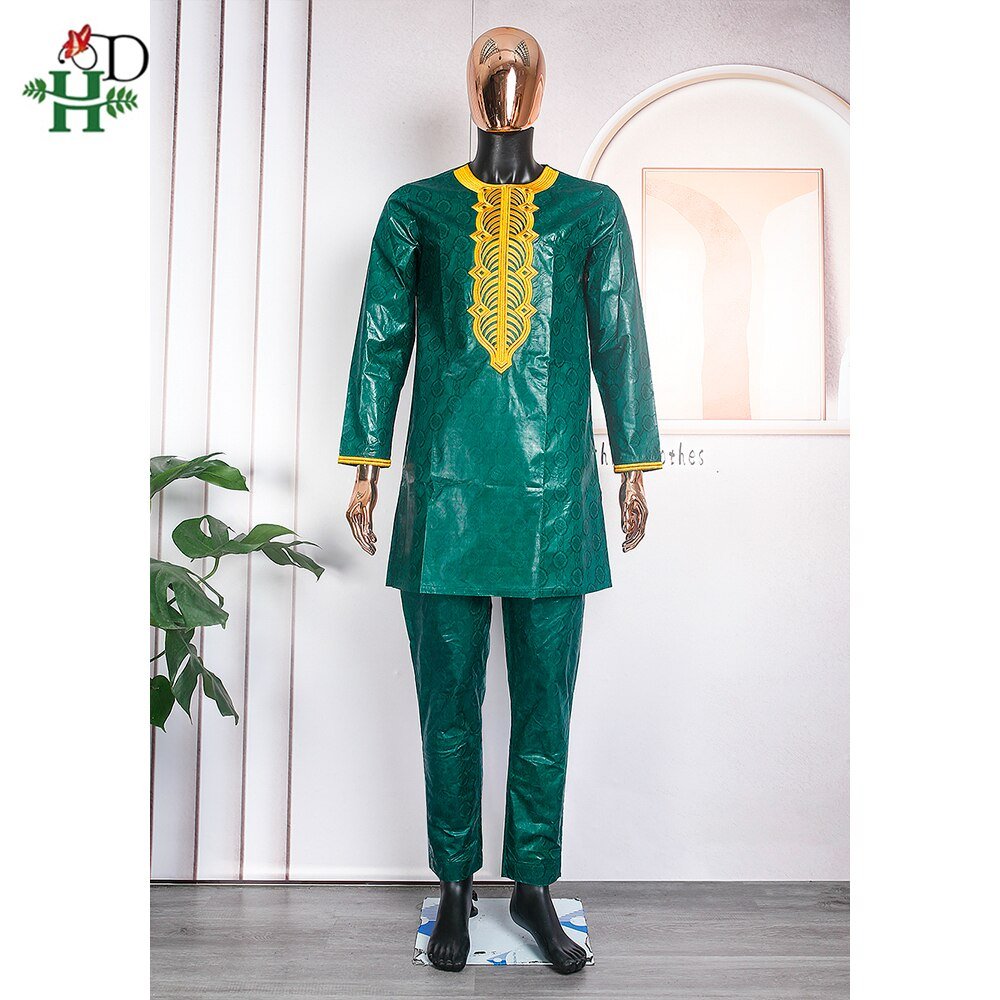 3PC Men Clothes Traditional with Riche Bazin Embroidered Bazin Green Wide Sleeved Robe Formal Attire - Flexi Africa - Flexi Africa offers Free Delivery Worldwide - Vibrant African traditional clothing showcasing bold prints and intricate designs