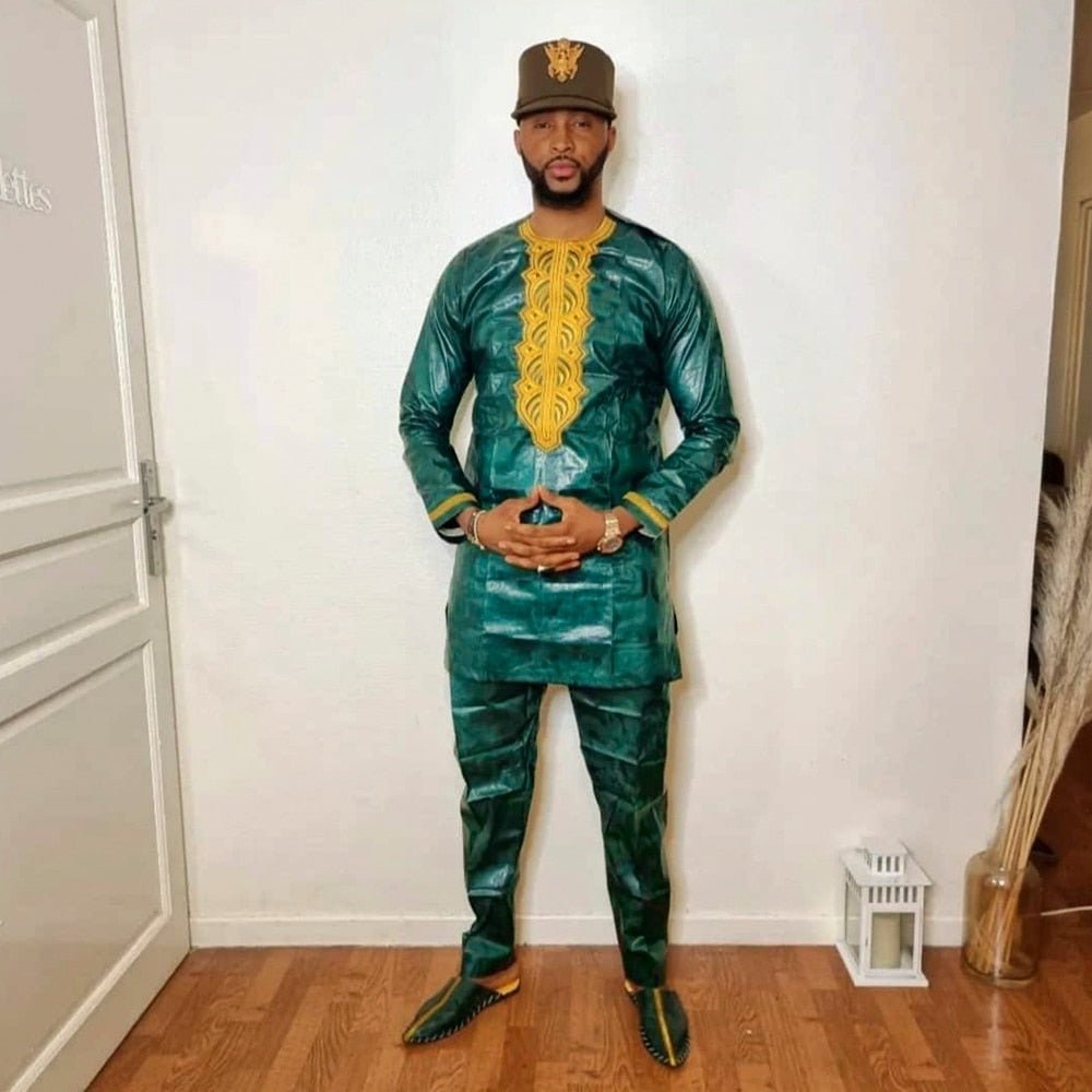 3PC Men Clothes Traditional with Riche Bazin Embroidered Bazin Green Wide Sleeved Robe Formal Attire - Flexi Africa - Flexi Africa offers Free Delivery Worldwide - Vibrant African traditional clothing showcasing bold prints and intricate designs