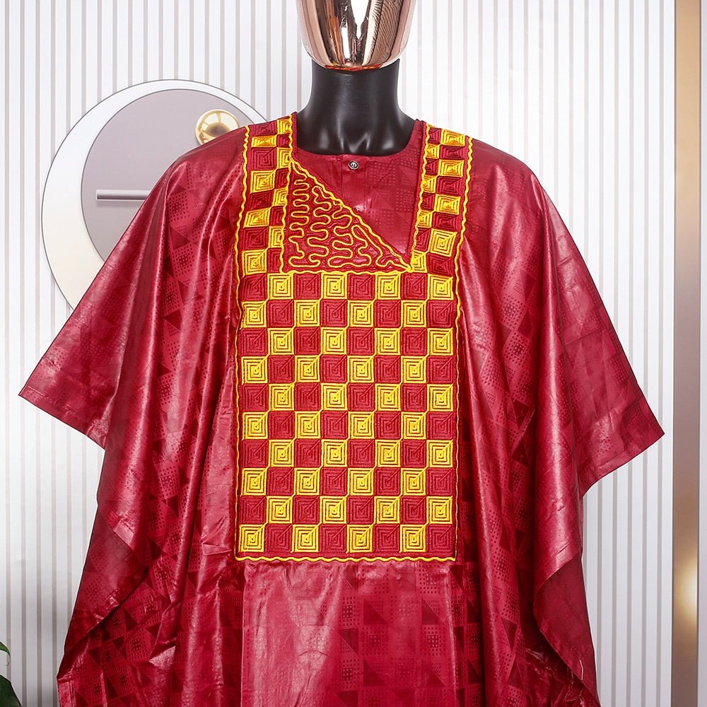 3PC Tradition Embroidery Set Clothing - African Clothes for Men - Bazin Red Shirt, Pants, Coat and Robe - Flexi Africa