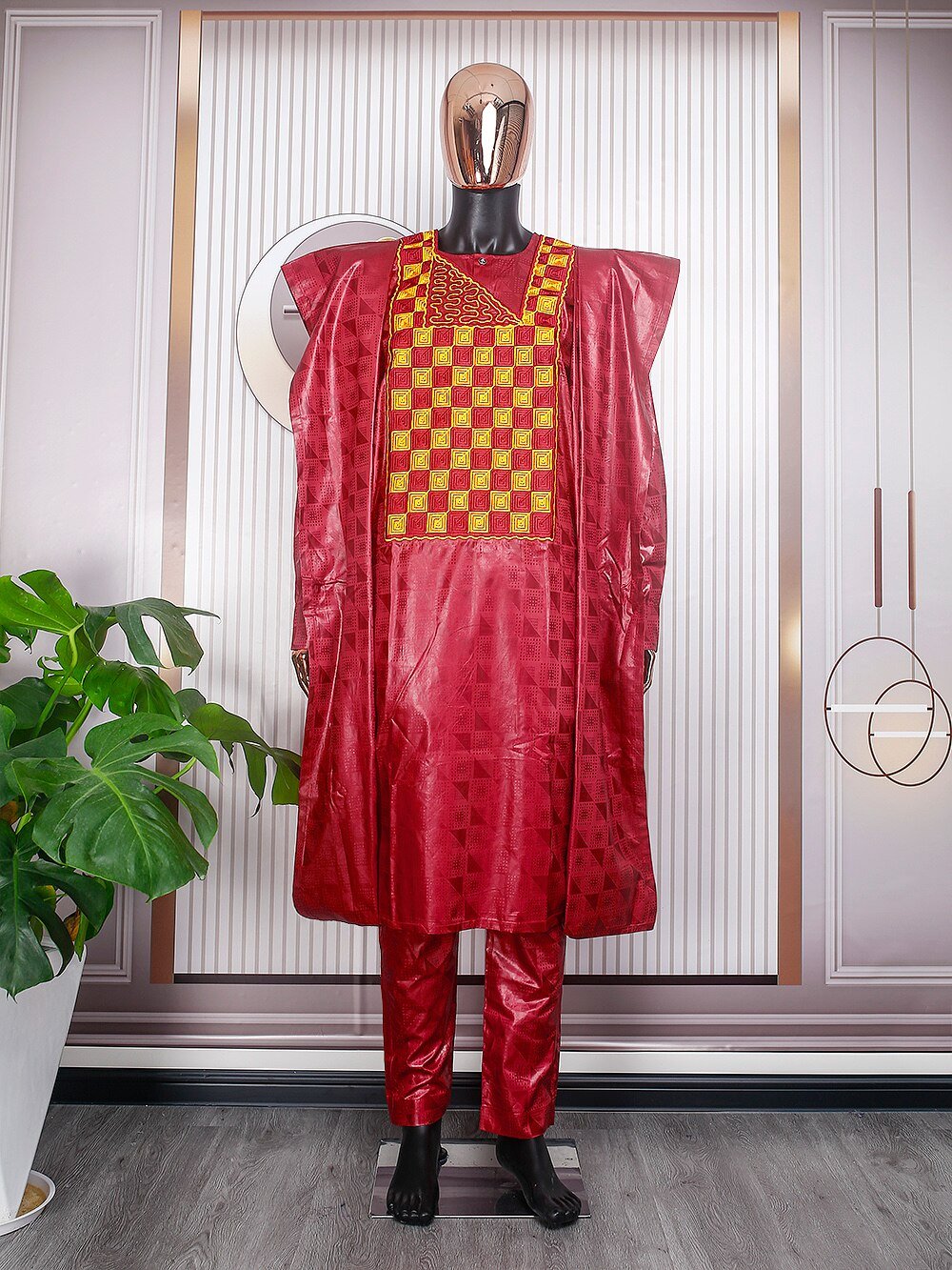3PC Tradition Embroidery Set Clothing - African Clothes for Men - Bazin Red Shirt, Pants, Coat and Robe - Flexi Africa