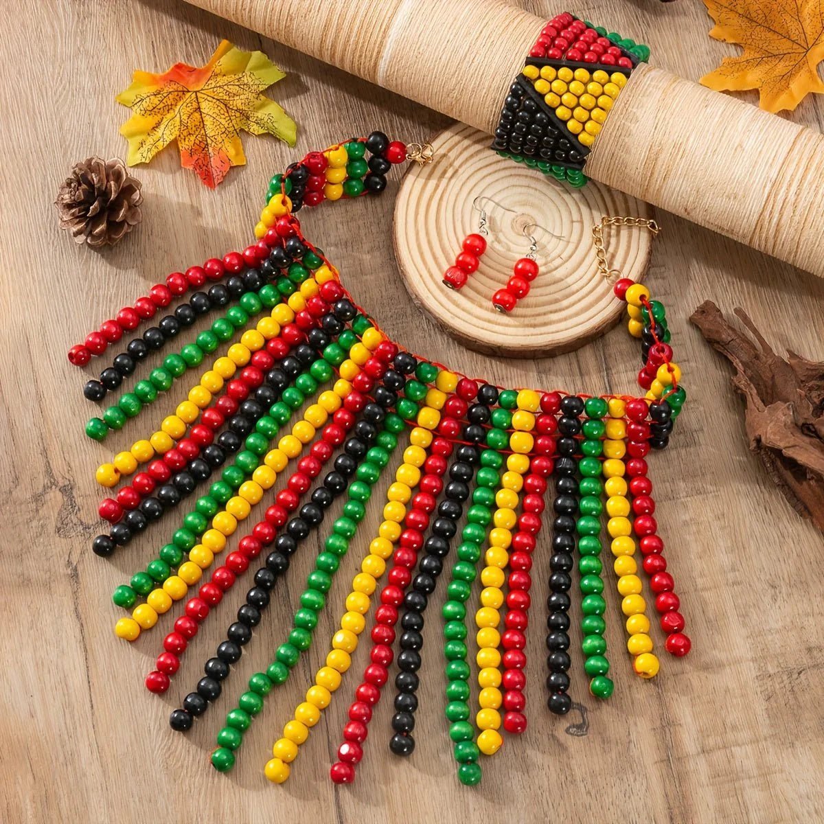 4PCS Earrings Necklace Plus Bracelet Boho Style Jewelry Colorful Wooden Beads Traditional Bridal Accessories - Free Delivery