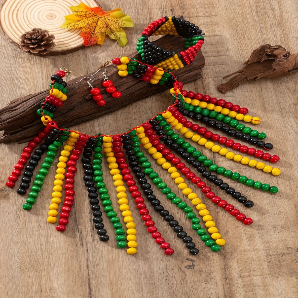 4PCS Earrings Necklace Plus Bracelet Boho Style Jewelry Colorful Wooden Beads Traditional Bridal Accessories - Free Delivery