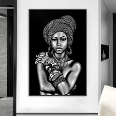 Black and White African Portrait Canvas Painting: Elegant Wall Art for Living Room and Home Décor - Flexi Africa - Flexi Africa offers Free Delivery Worldwide - Vibrant African traditional clothing showcasing bold prints and intricate designs