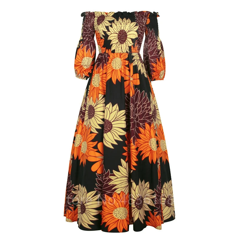 Elegant African Print Maxi Dress for Women – Vintage Slash-Neck Long Sleeve Party Dress Shop now at Flexi Africa.