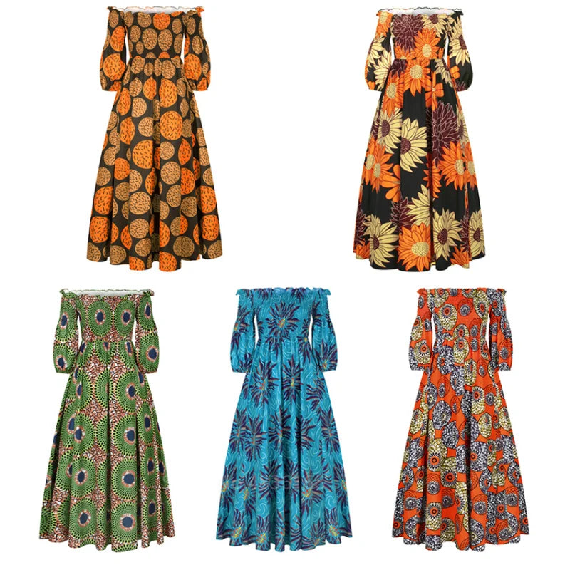 Elegant African Print Maxi Dress for Women – Vintage Slash-Neck Long Sleeve Party Dress Shop now at Flexi Africa.