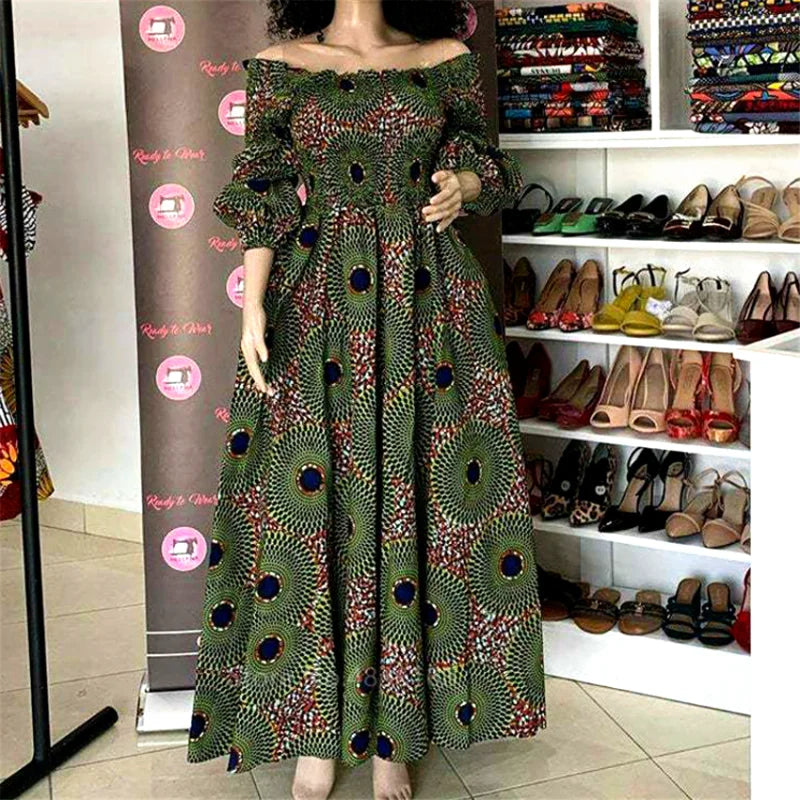 Elegant African Print Maxi Dress for Women – Vintage Slash-Neck Long Sleeve Party Dress Shop now at Flexi Africa.