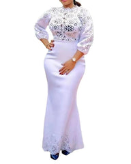 Elegant African Long Sleeve White Dresses: Plus Size Grace and Style - Flexi Africa - Flexi Africa offers Free Delivery Worldwide - Vibrant African traditional clothing showcasing bold prints and intricate designs
