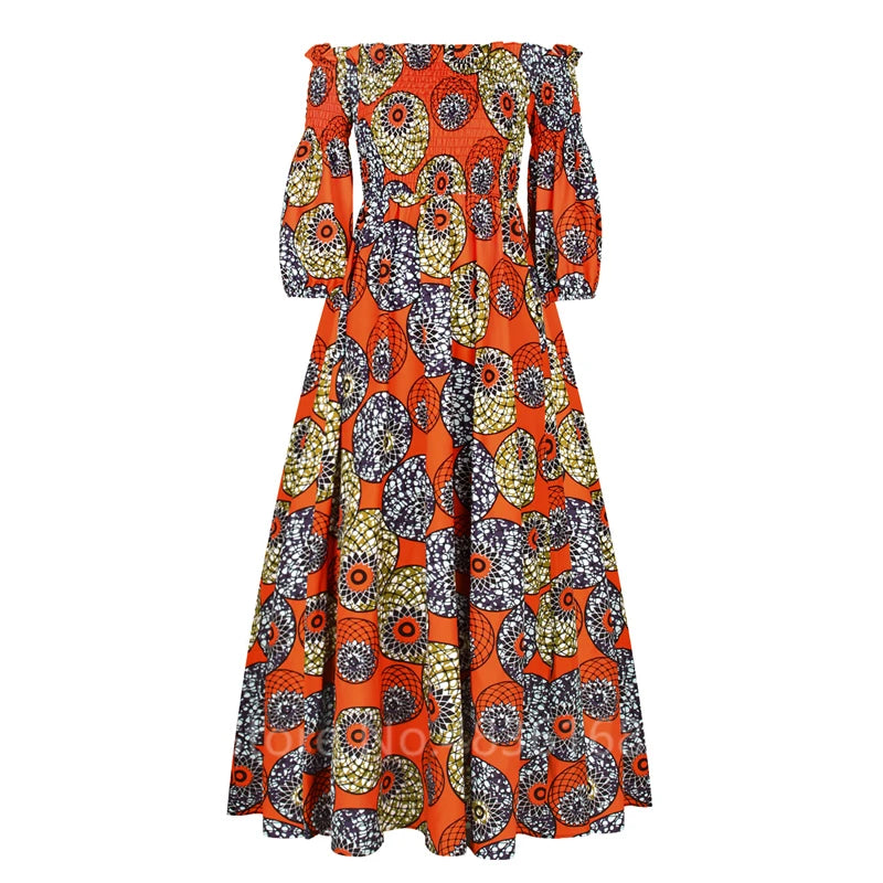 Elegant African Print Maxi Dress for Women – Vintage Slash-Neck Long Sleeve Party Dress Shop now at Flexi Africa.