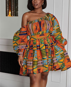 Exotic Allure: African Tribal Print Off-Shoulder Mini Dress - Unleash Your Inner Goddess
