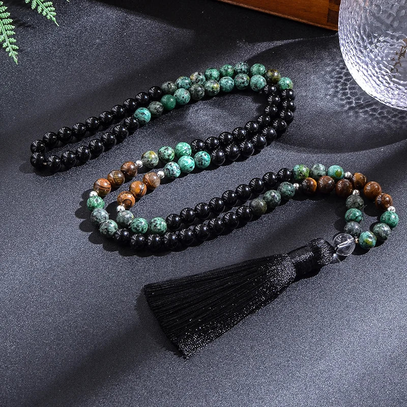 African Turquoise, Black Agate, and Yellow Tiger Eye Bead Japamala Meditation Necklace and Bracelet Set: Yoga Rosary Jewelry - Flexi Africa - Flexi Africa offers Free Delivery Worldwide - Vibrant African traditional clothing showcasing bold prints and intricate designs