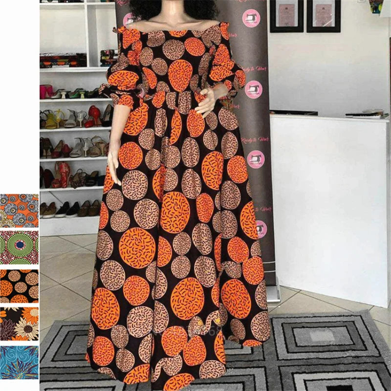 Elegant African Print Maxi Dress for Women – Vintage Slash-Neck Long Sleeve Party Dress Shop now at Flexi Africa.