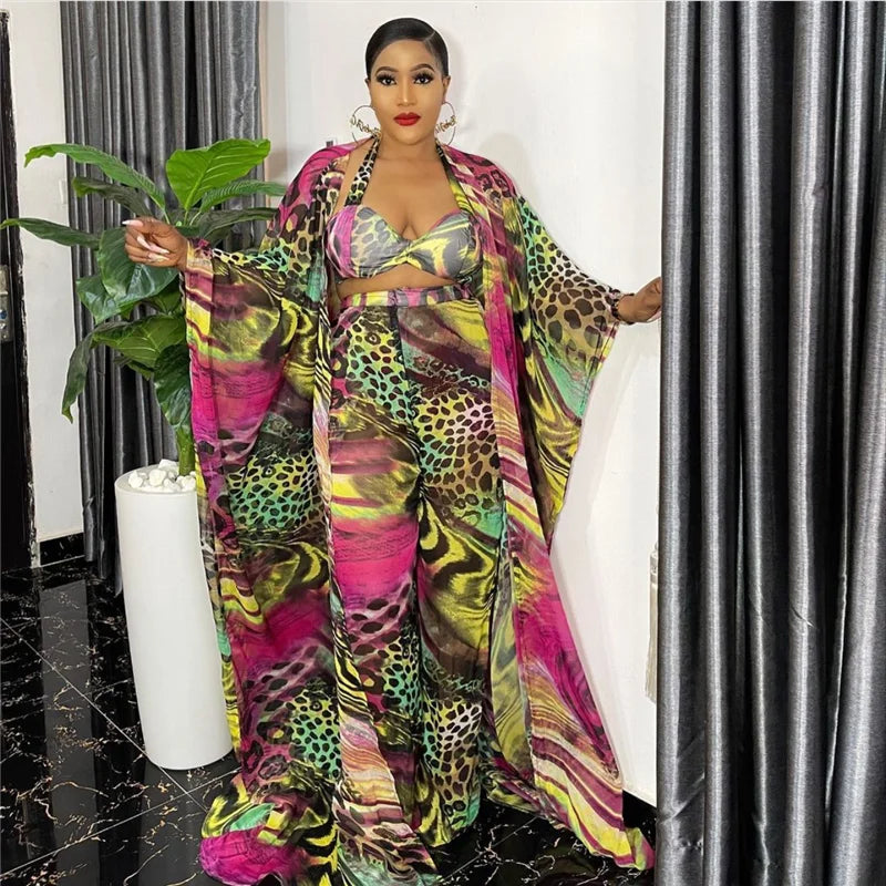 Stylish 4PC African Dashiki Ensemble: Long Tops, Bra, Scarf, and Wide Pants - Perfect Party Dresses for Women - Flexi Africa - Flexi Africa offers Free Delivery Worldwide - Vibrant African traditional clothing showcasing bold prints and intricate designs