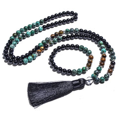 African Turquoise, Black Agate, and Yellow Tiger Eye Bead Japamala Meditation Necklace and Bracelet Set: Yoga Rosary Jewelry - Flexi Africa - Flexi Africa offers Free Delivery Worldwide - Vibrant African traditional clothing showcasing bold prints and intricate designs