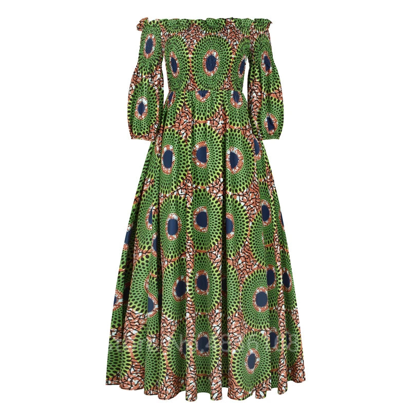 Elegant African Print Maxi Dress for Women – Vintage Slash-Neck Long Sleeve Party Dress Shop now at Flexi Africa.
