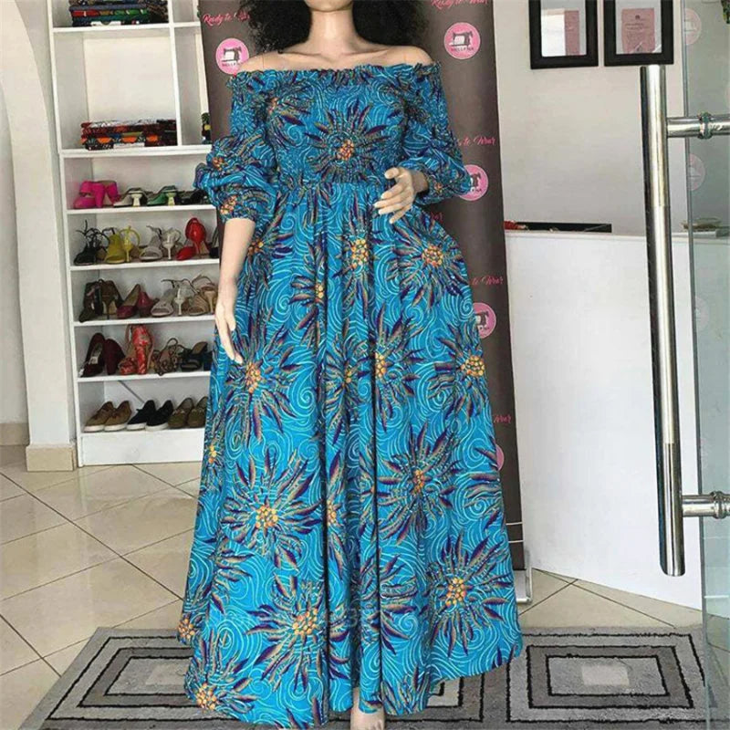 Elegant African Print Maxi Dress for Women – Vintage Slash-Neck Long Sleeve Party Dress Shop now at Flexi Africa.