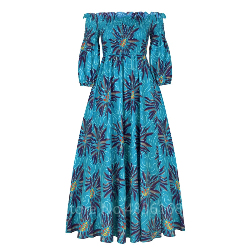 Elegant African Print Maxi Dress for Women – Vintage Slash-Neck Long Sleeve Party Dress Shop now at Flexi Africa.