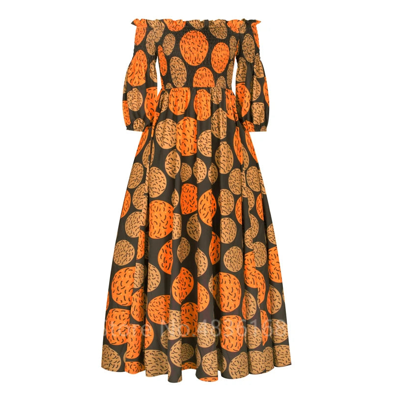Elegant African Print Maxi Dress for Women – Vintage Slash-Neck Long Sleeve Party Dress Shop now at Flexi Africa.