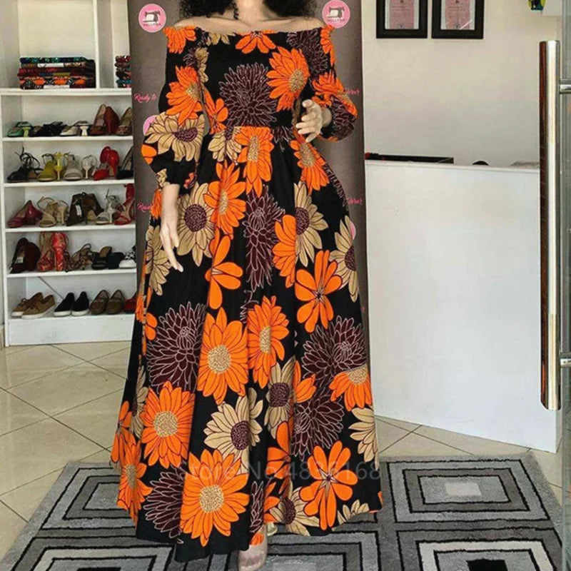 Elegant African Print Maxi Dress for Women – Vintage Slash-Neck Long Sleeve Party Dress Shop now at Flexi Africa.