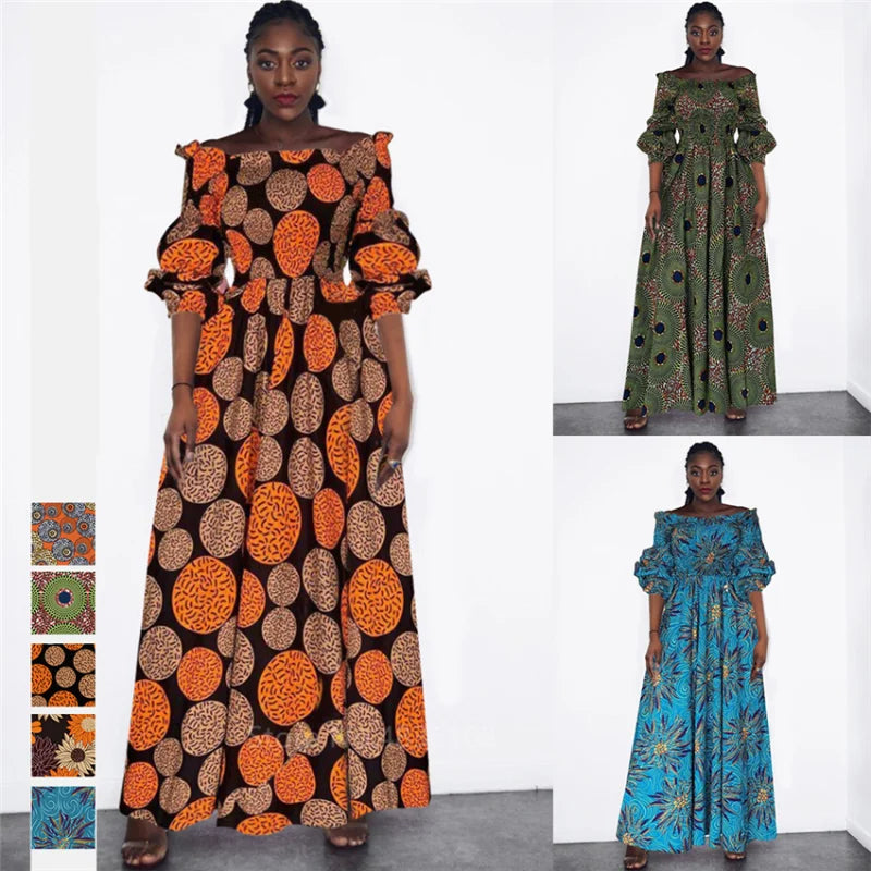 Elegant African Print Maxi Dress for Women – Vintage Slash-Neck Long Sleeve Party Dress Shop now at Flexi Africa.