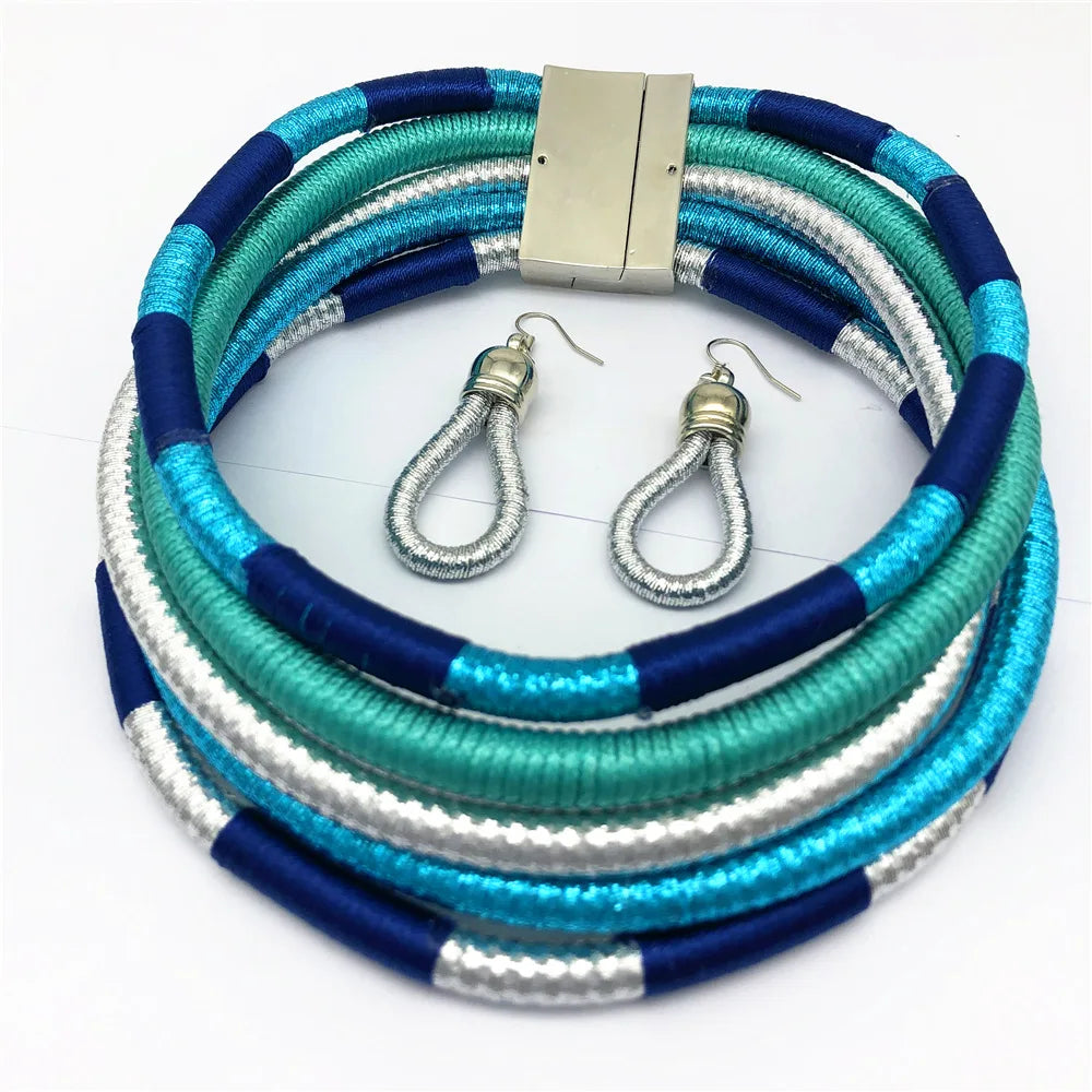 Colorful Rope Weave African Necklaces: Multilayer Tribal Choker Earrings Set - Flexi Africa Free Delivery www.flexiafrica.com