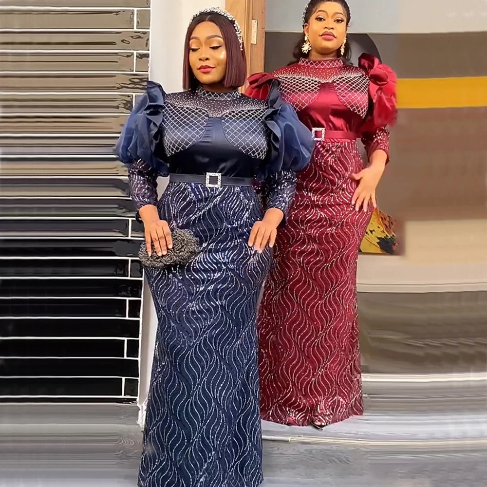 Plus Size African Sequin Evening Gown – Luxury Dashiki Long Dress for Women’s Party Wear