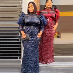 Plus Size African Sequin Evening Gown – Luxury Dashiki Long Dress for Women’s Party Wear