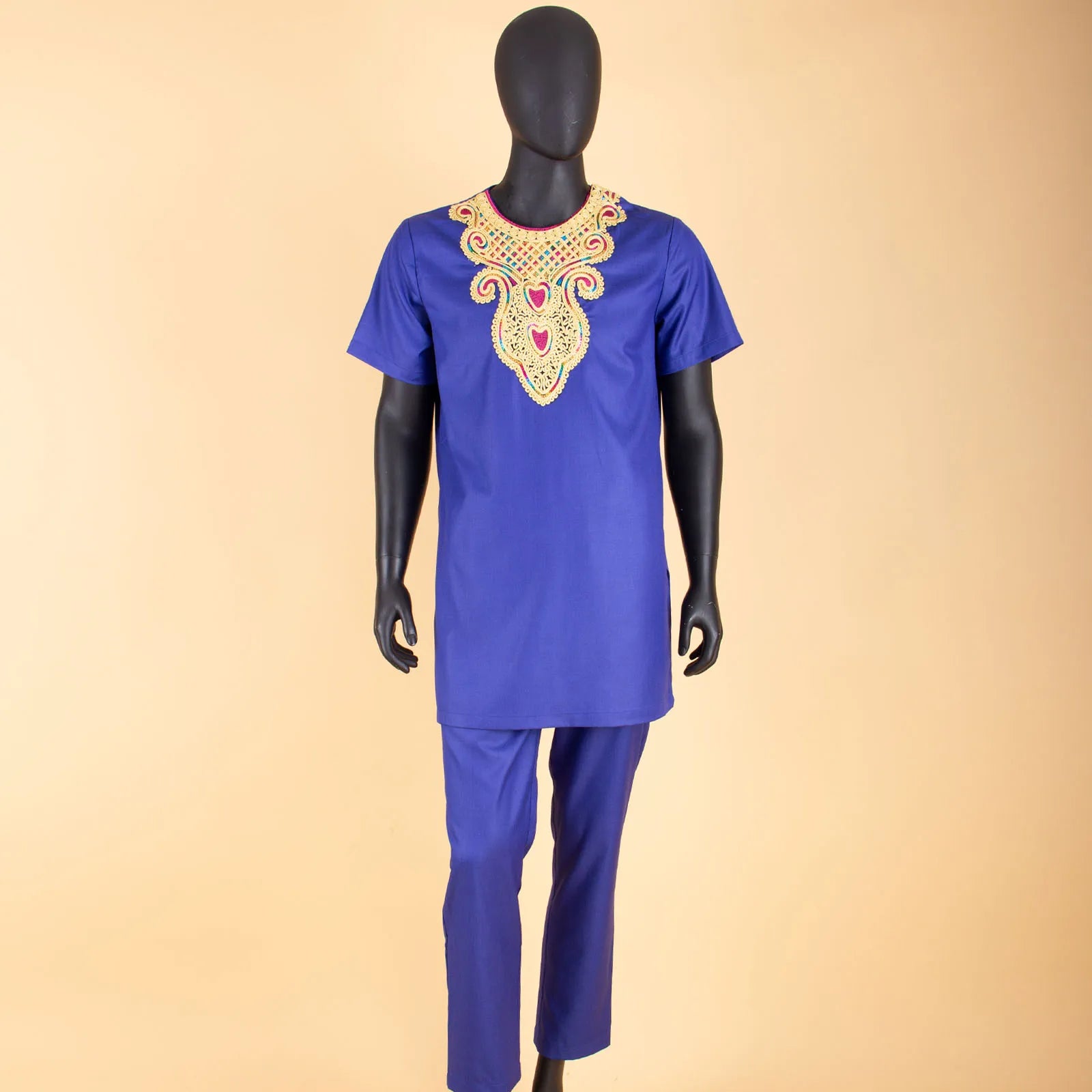 African Clothes for Men – Agbada Robe Embroidery Shirt, Pants, Hat 4PC Set with Chain