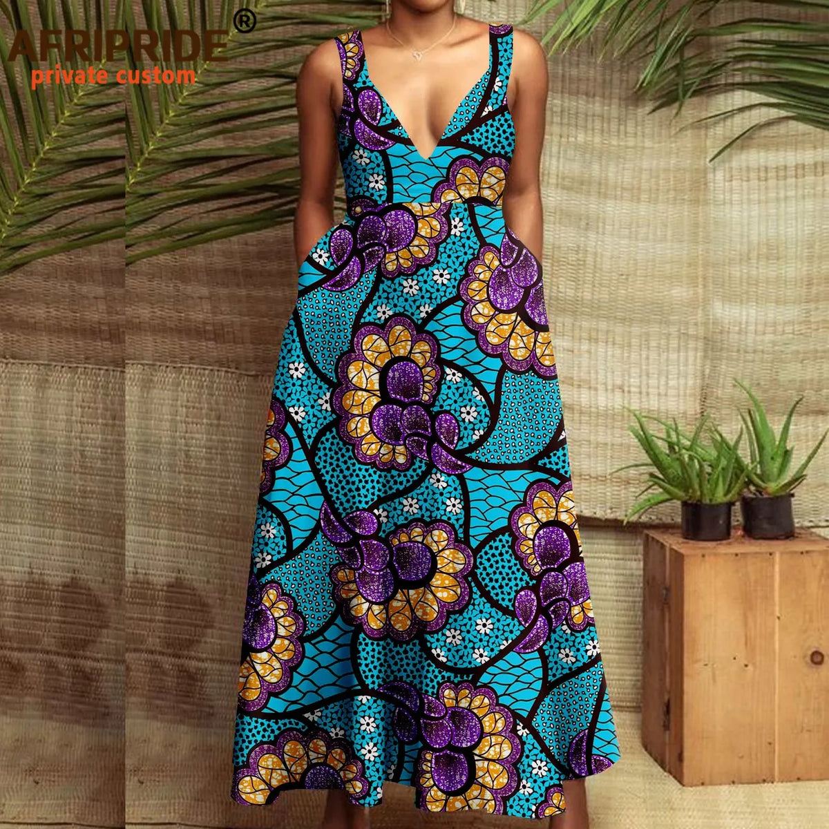 Buy African Print Maxi Dress for Women – Deep V-Neck Sleeveless High-Waist Ankara Dress Plus Size Party Wear