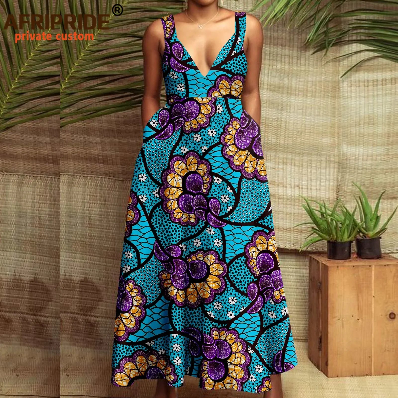 Buy African Print Maxi Dress for Women – Deep V-Neck Sleeveless High-Waist Ankara Dress Plus Size Party Wear