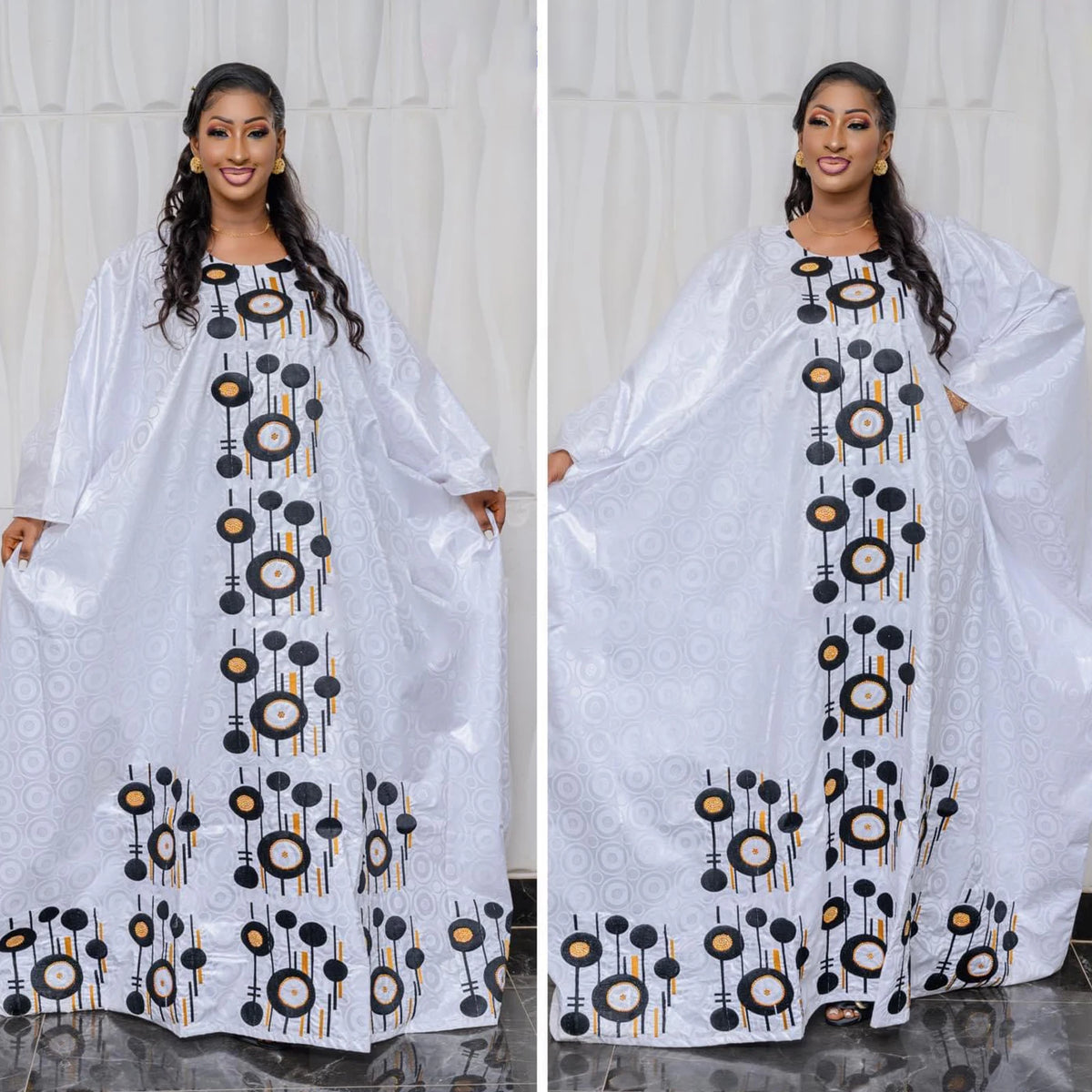 Step into timeless African luxury with our Bazin Riche Embroidery Couple Design Dress — a floor-length masterpiece
