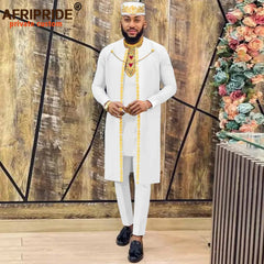 African Clothes for Men – Agbada Robe Embroidery Shirt, Pants, Hat 4PC Set with Chain