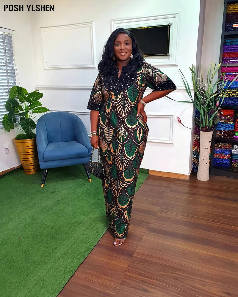 Traditional Nigerian Flower Print Slit Caftan Dress: Elegant African Long Dresses for Women, Robe Femme Clothing - Flexi Africa - Flexi Africa offers Free Delivery Worldwide - Vibrant African traditional clothing showcasing bold prints and intricate designs