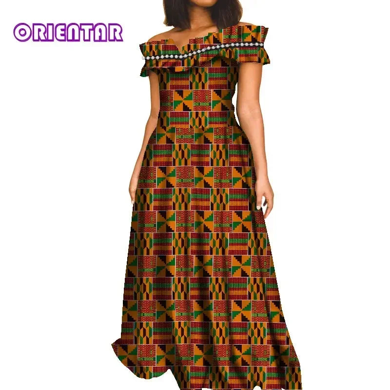 Elegant African Maxi Dress for Women – Slash Neck Print Long Dashiki Gown - Free Delivery Worldwide only at Flexi Africa