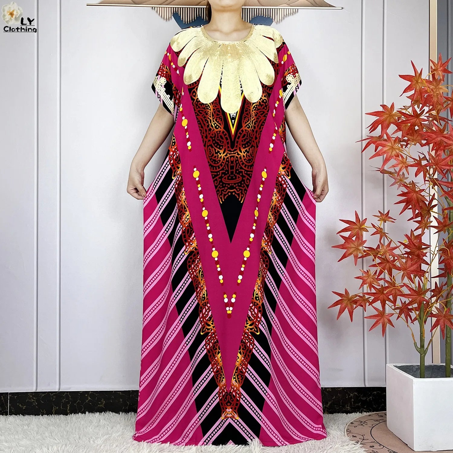 Elegant African Style Cotton Abaya Dress for Women with Patterned Print - Loose Fit Short Sleeve Muslim Rob