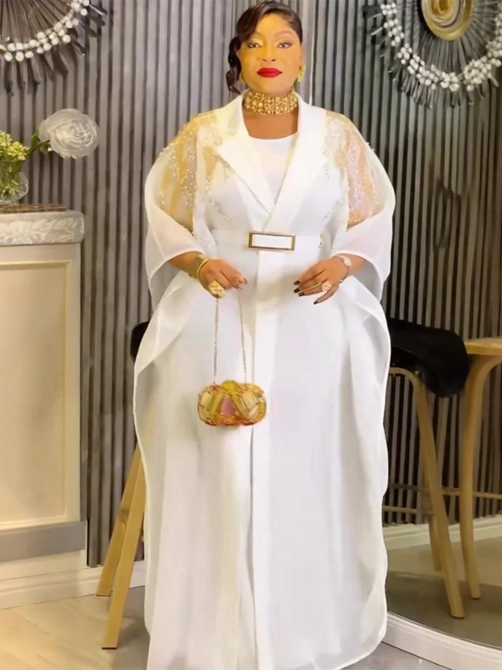 Women's Dashiki Kaftan Boubou 2-Piece Set – Diamond Embroidery Gown & Coat