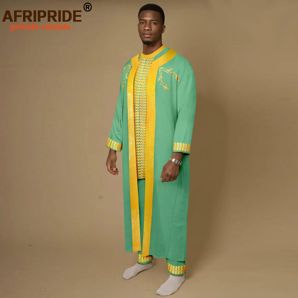 Men's Agbada 3-Piece Set – Embroidered Robe, Shirt & Pants – alternate view 3