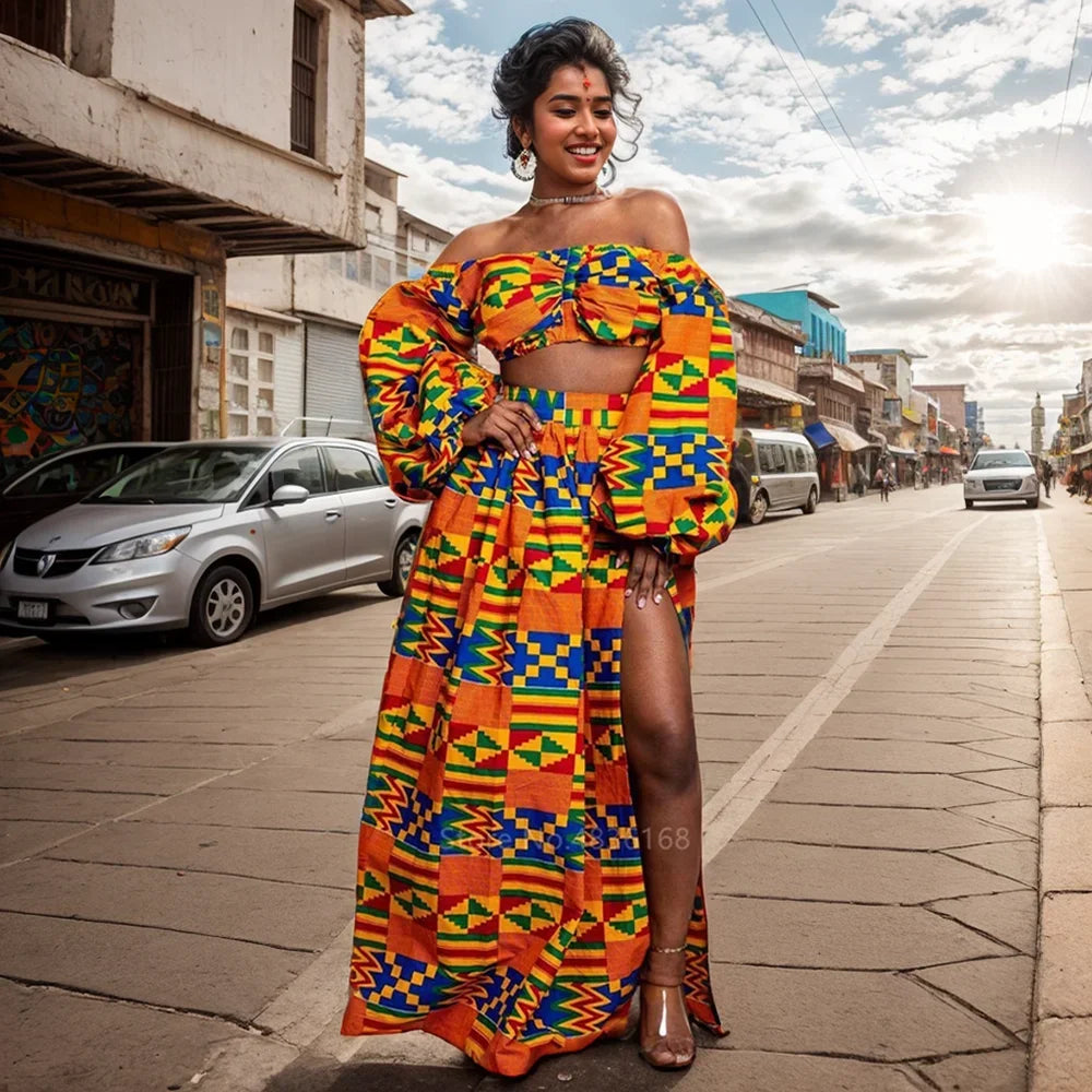 African Women’s 2PC Skirt Set – Slash Neck Top & High Slit Maxi Skirt - Free Delivery Worldwide only at Flexi Africa