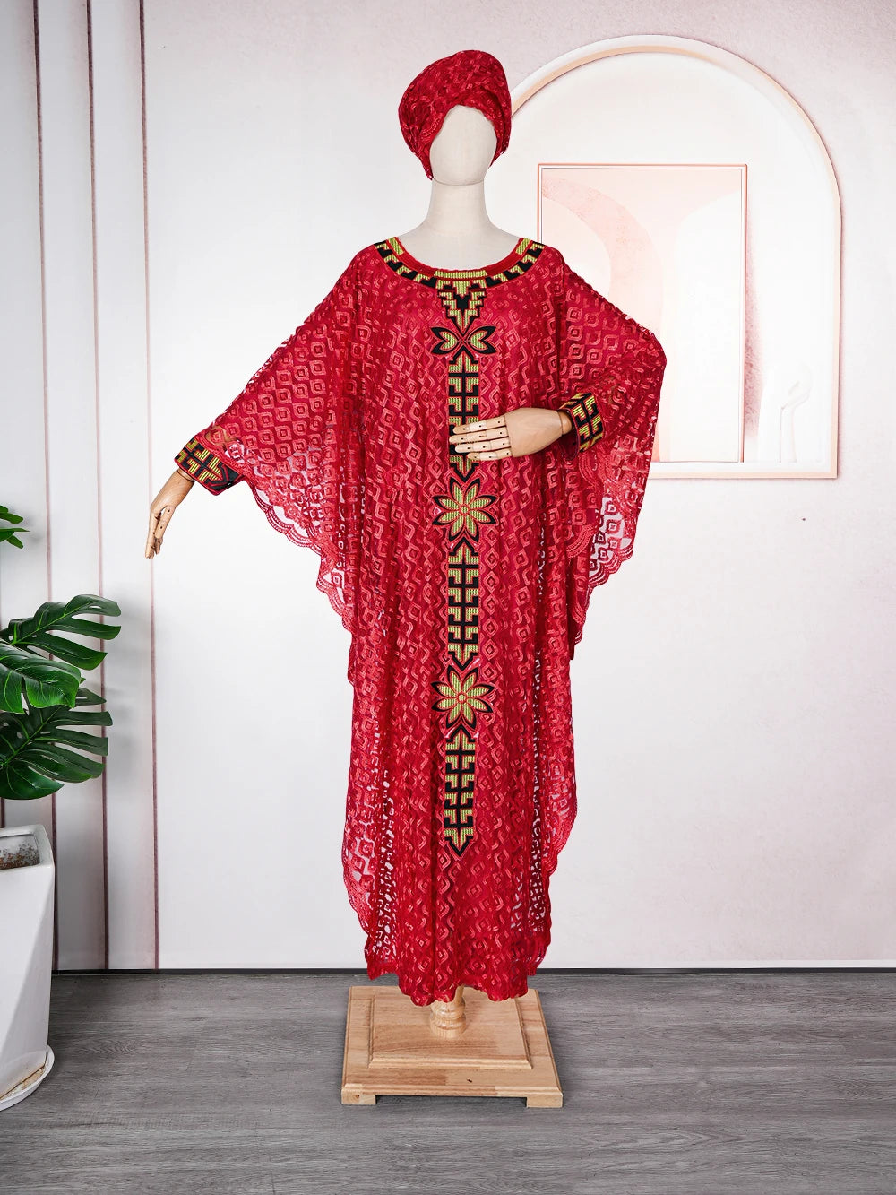 Stunning Muslim Fashion: Traditional African Lace Dashikis with Headtie - Flexi Africa - Flexi Africa offers Free Delivery Worldwide - Vibrant African traditional clothing showcasing bold prints and intricate designs