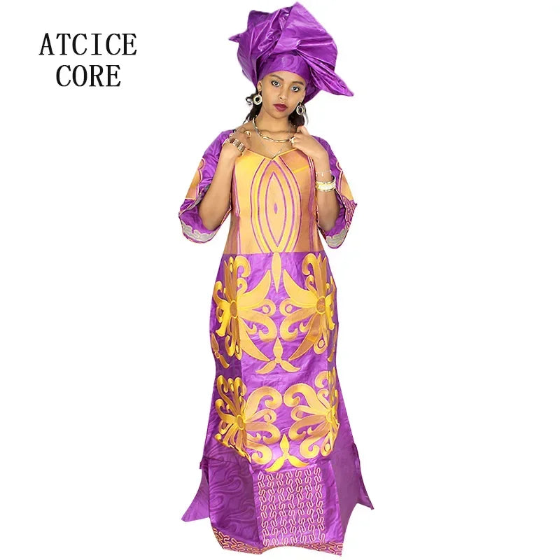 Women's Bazin Riche Embroidered Floor-Length Dress & Scarf – 5 Colours, L–5XL – alternate view 3