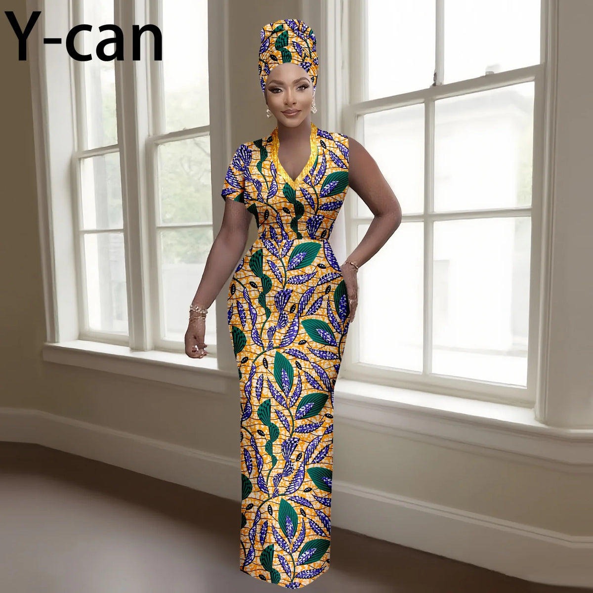 Women's African-Print V-Neck Maxi Dress & Headwrap, image 12 of 16 – Flexi Africa