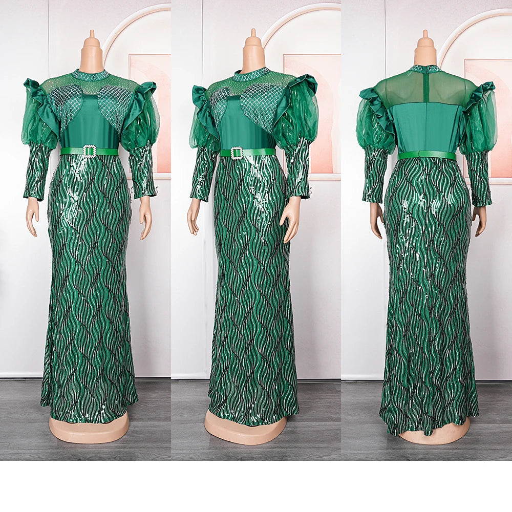 Plus Size African Sequin Evening Gown – Luxury Dashiki Long Dress for Women’s Party Wear
