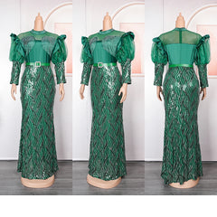 Plus Size African Sequin Evening Gown – Luxury Dashiki Long Dress for Women’s Party Wear
