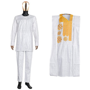 Exquisite African Elegance: Traditional Bazin Riche Embroidery White Clothing Men 3 PCS Set