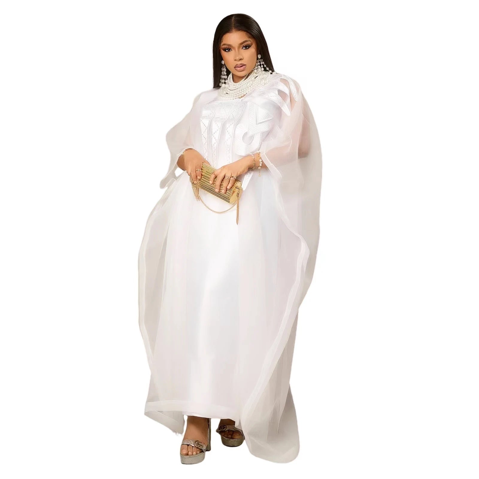 Elegant African White Abaya Dress with Embroidery | Plus Size Women's Party & Church Attire