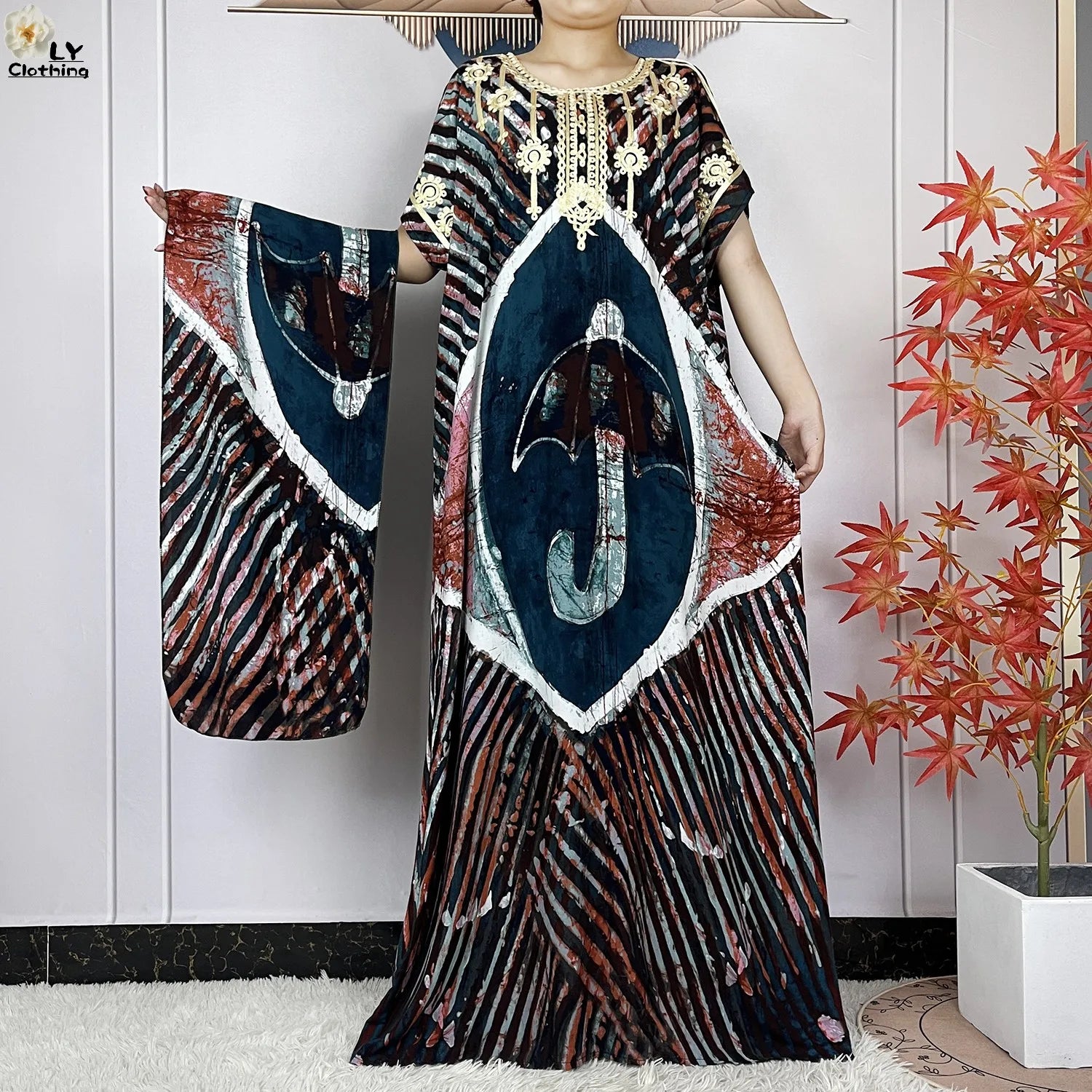 Elegant African Style Cotton Abaya Dress for Women with Patterned Print - Loose Fit Short Sleeve Muslim Rob