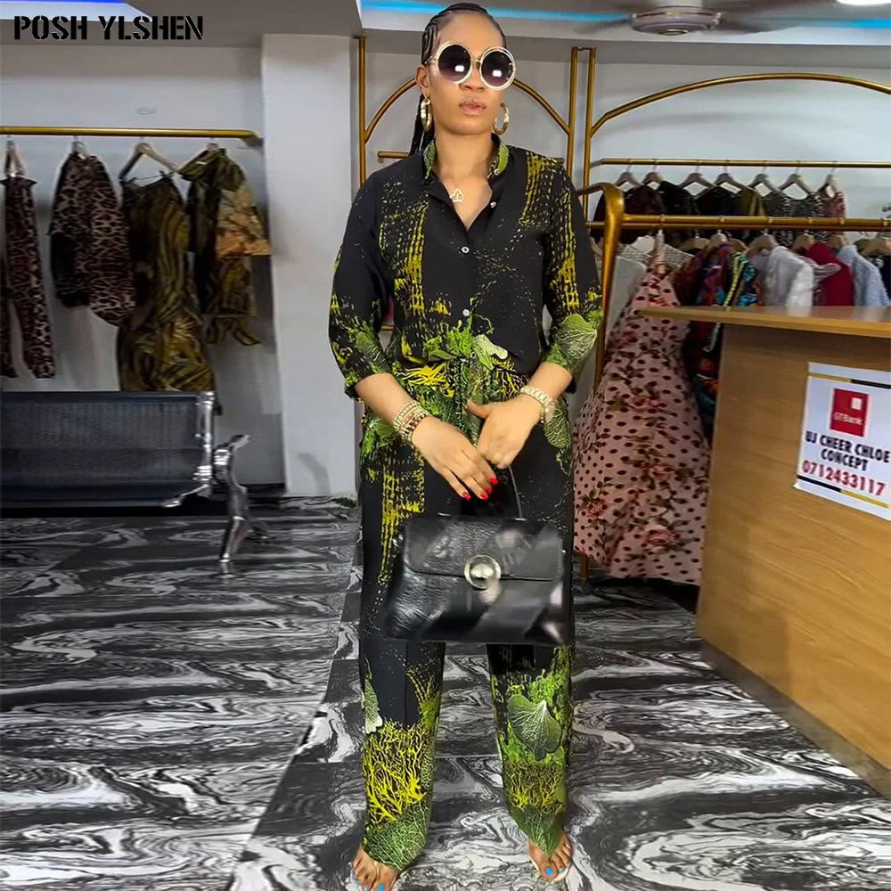Women's Green African-Print Top & Trouser Set, image 3 of 6 – Flexi Africa