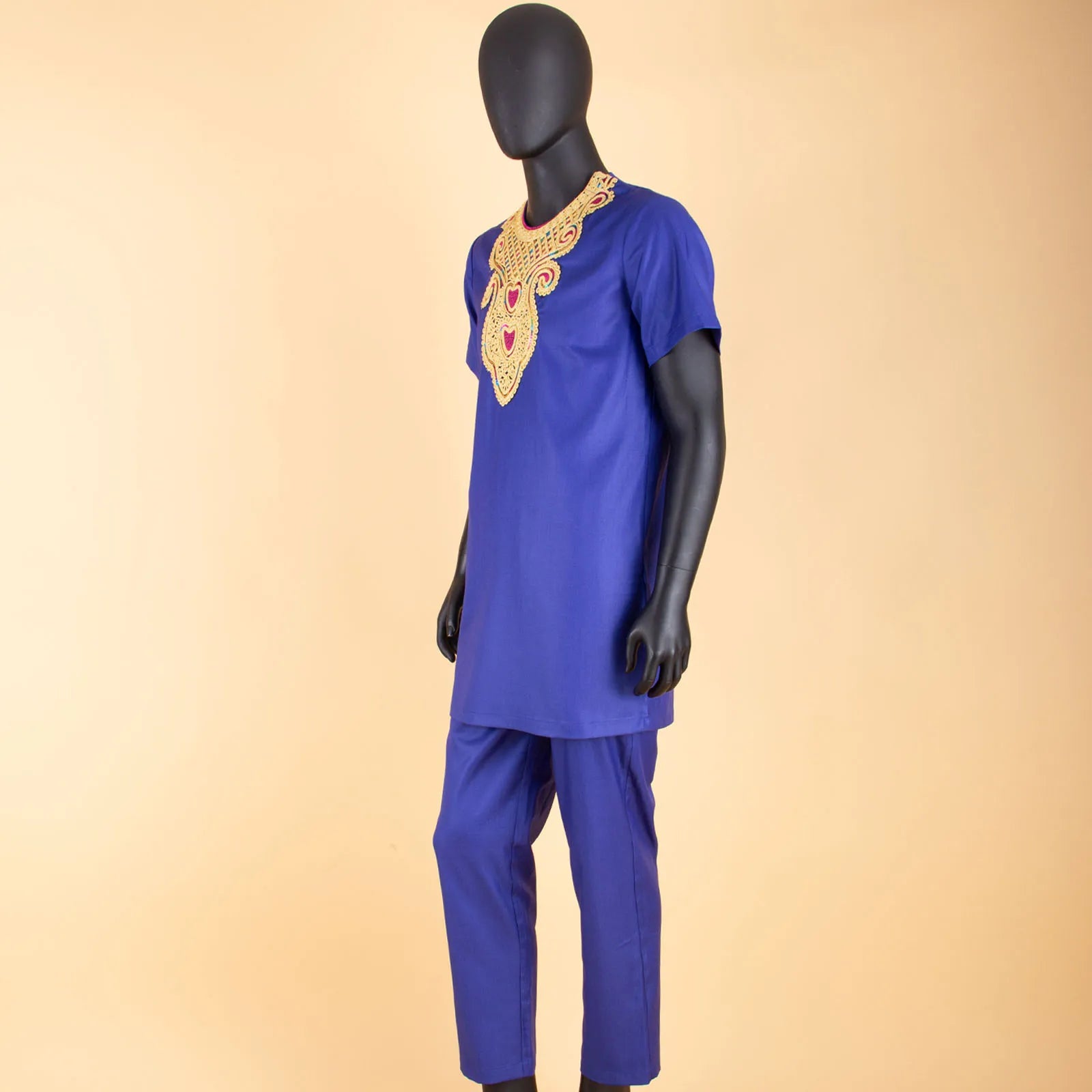 African Clothes for Men – Agbada Robe Embroidery Shirt, Pants, Hat 4PC Set with Chain