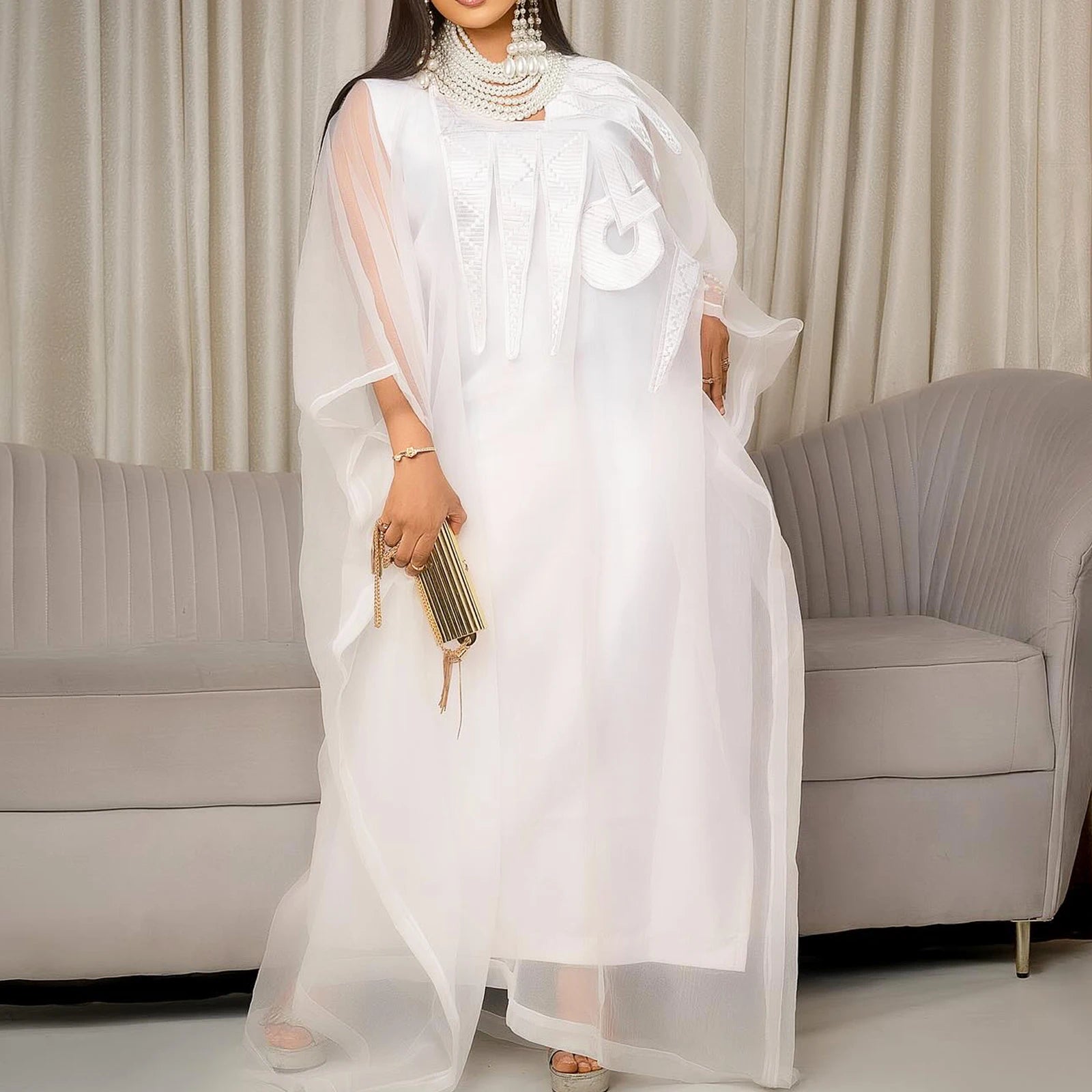Elegant African White Abaya Dress with Embroidery | Plus Size Women's Party & Church Attire