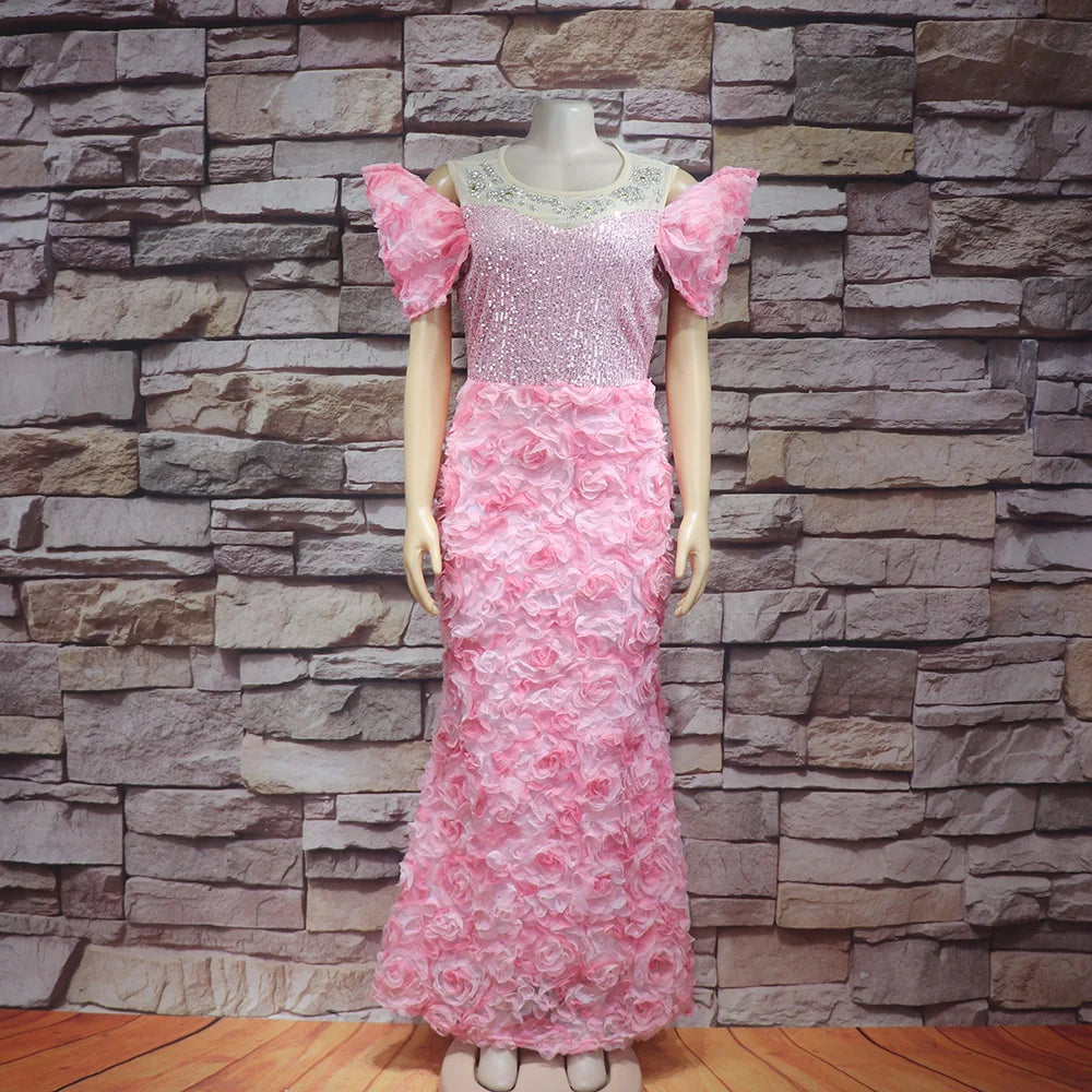 Elegant African Evening Dress for Women – Mesh Fabric, 3D Embroidery, Rhinestone & Sequin Details