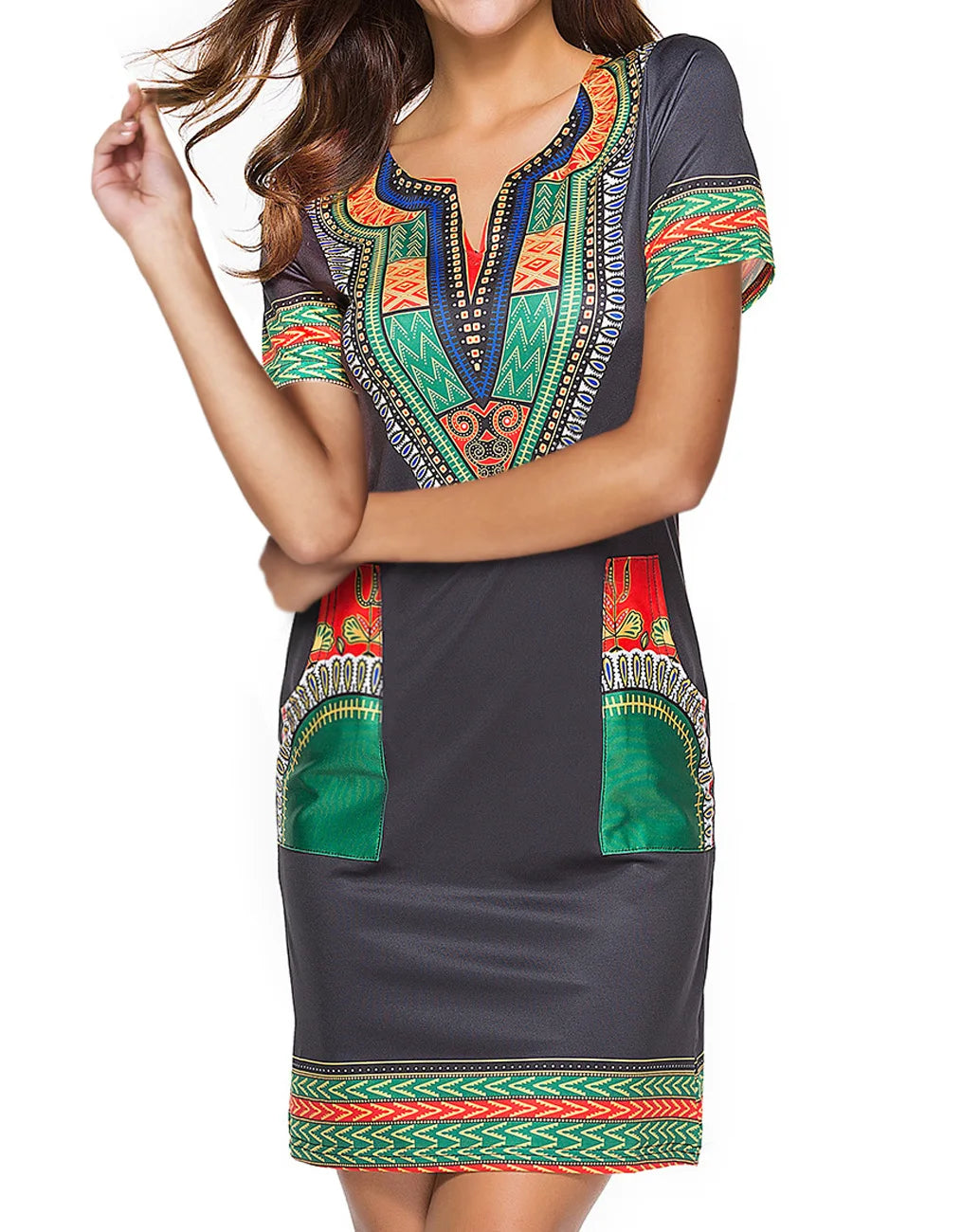 Summer Fashion: African Women's Short Sleeve V-neck Polyester Knee-length Dress - Flexi Africa - Flexi Africa offers Free Delivery Worldwide - Vibrant African traditional clothing showcasing bold prints and intricate designs
